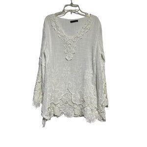Saks 5th Avenue Women's Long Sleeve V-Neck Cotton Laced Blouse White Size M